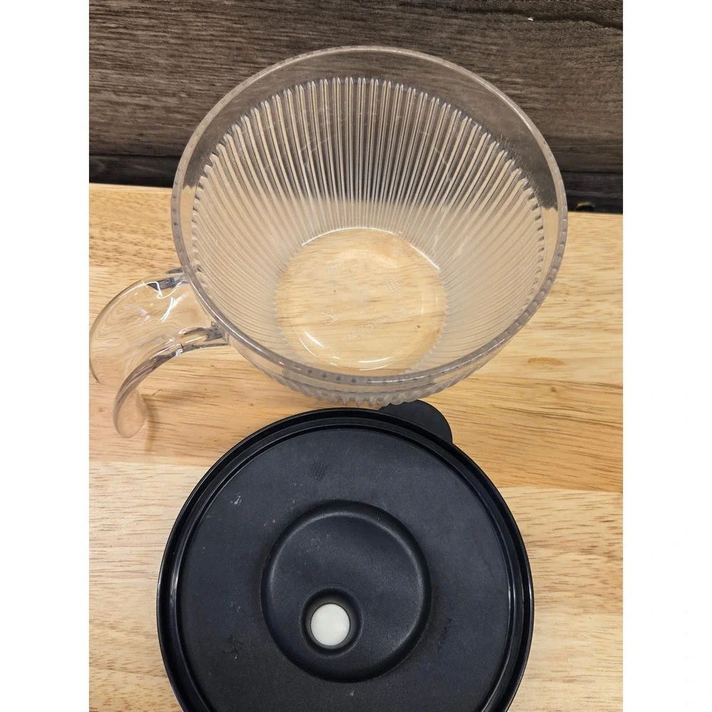 Tupperware 2 Cup Micro-Pitcher 500ml Clear Ribbed with Black Vented Lid 5201A-2